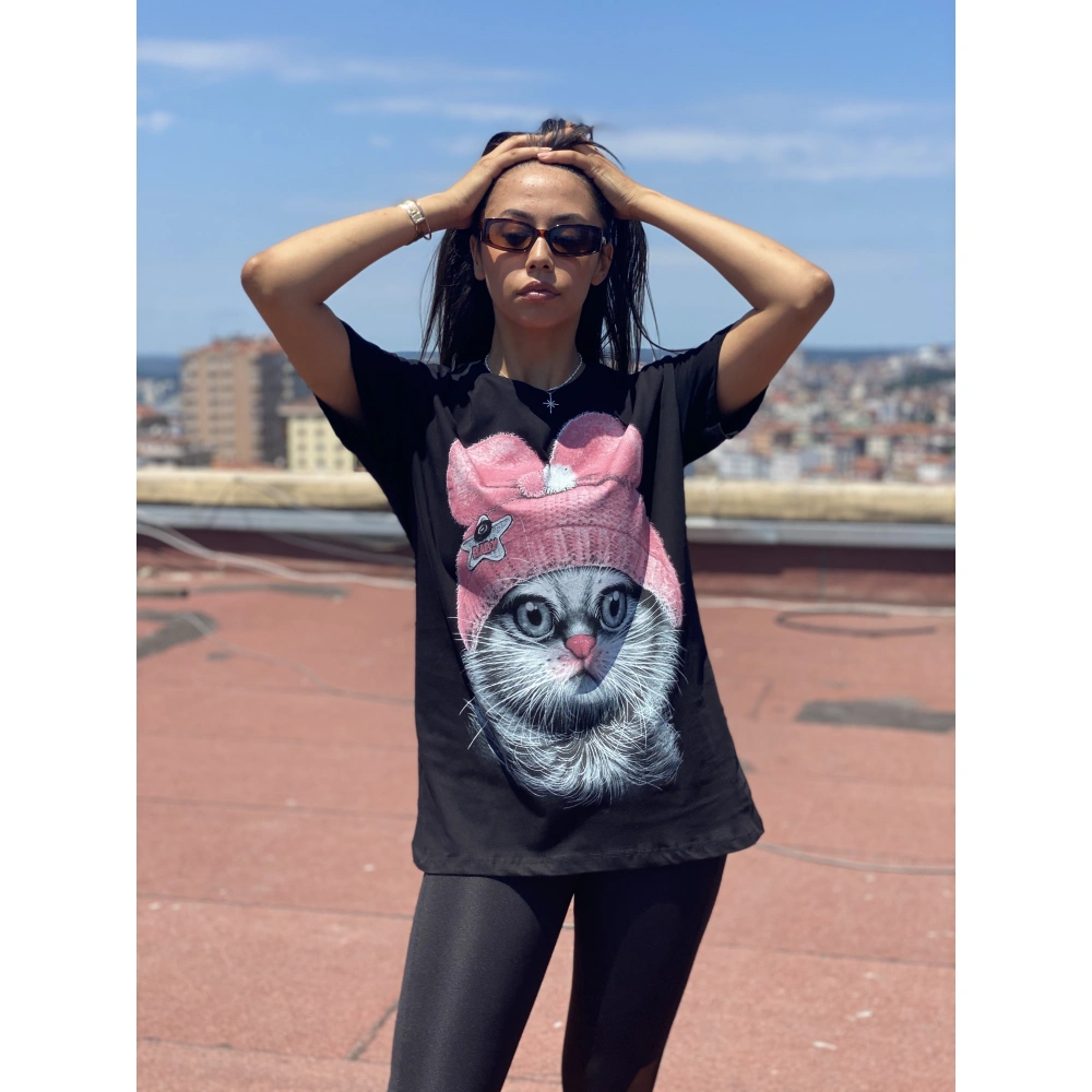 Bertha Kadın Siyah Kedi Baskılı T-shirt