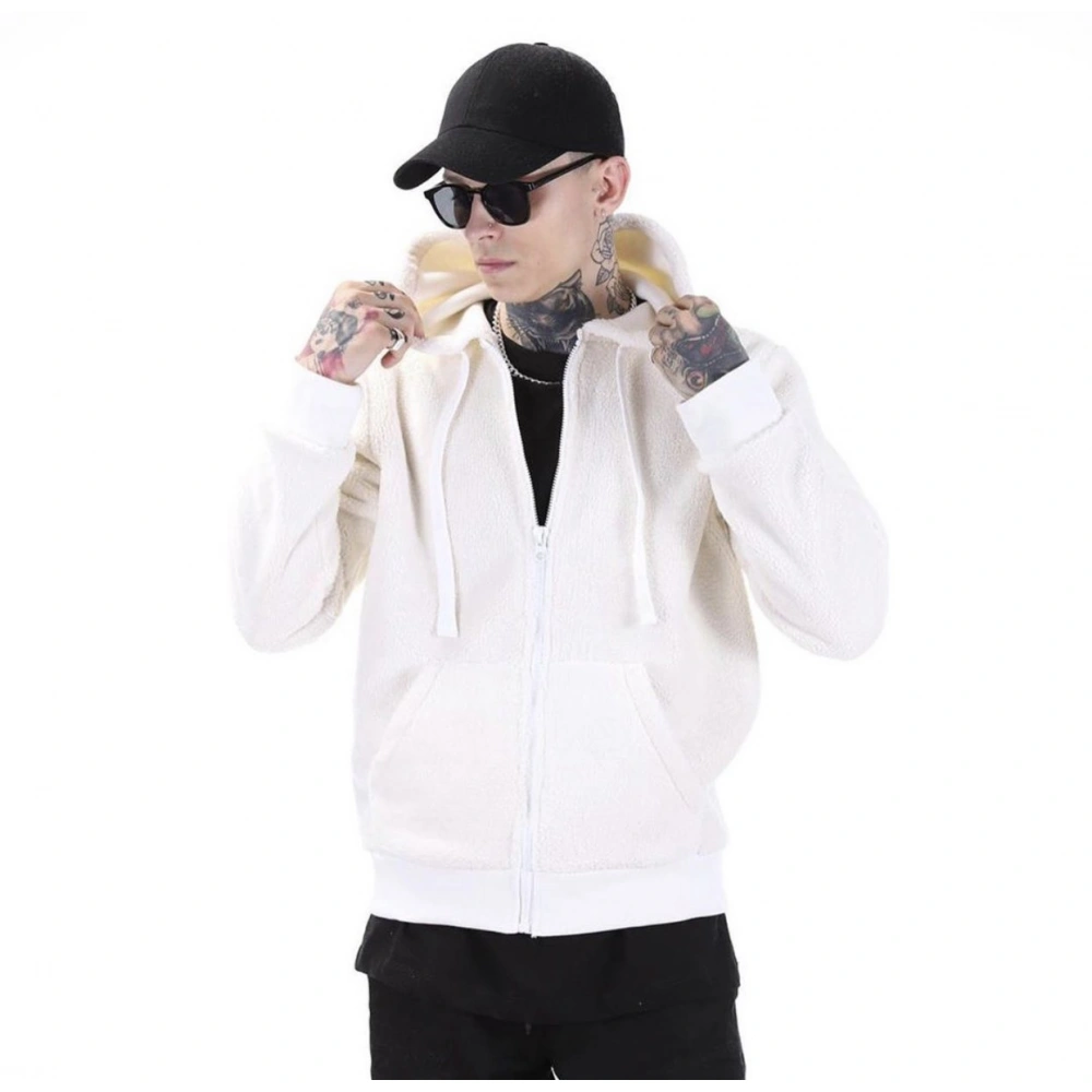 Beyaz Kapüşonlu Polar Erkek