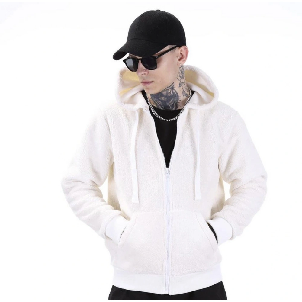 Beyaz Kapüşonlu Polar Erkek