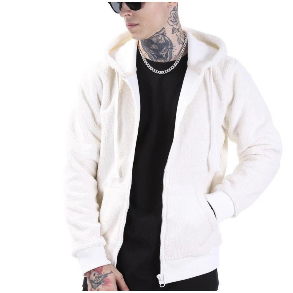 Beyaz Kapüşonlu Polar Erkek