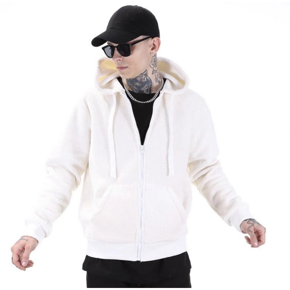 Beyaz Kapüşonlu Polar Erkek