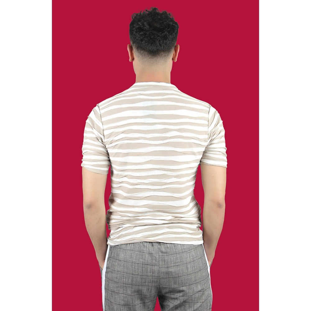 Clay Erkek Bej/Beyaz Çizgili T-shirt