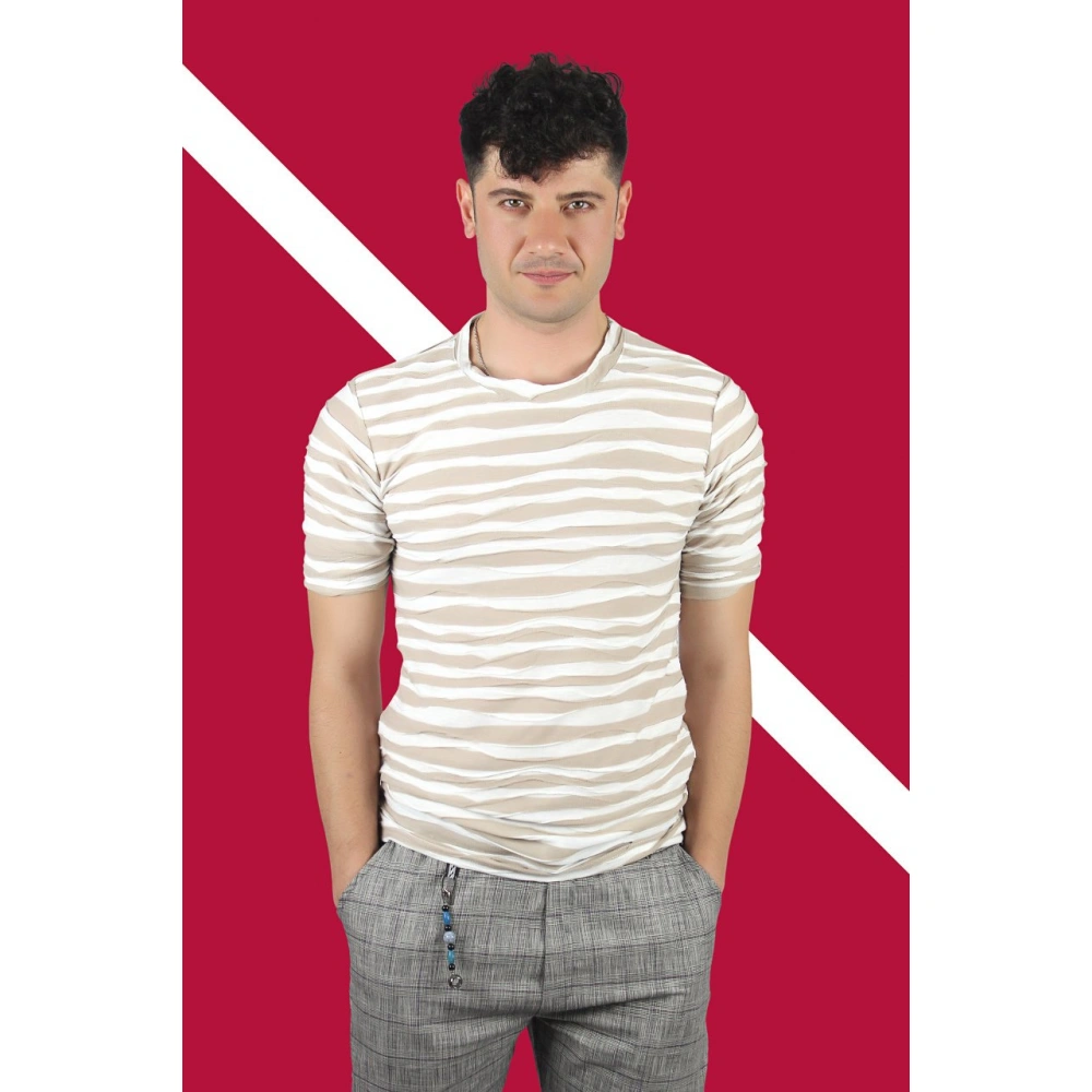 Clay Erkek Bej/Beyaz Çizgili T-shirt