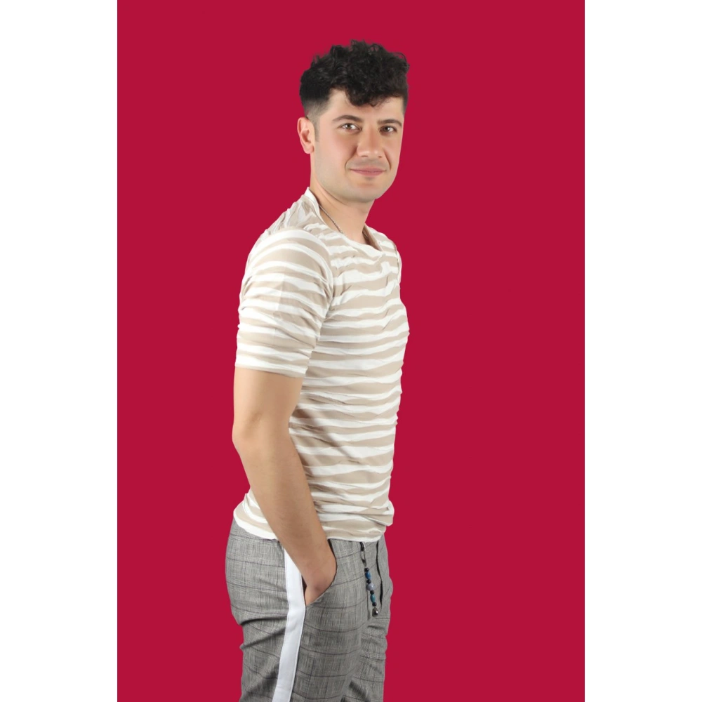 Clay Erkek Bej/Beyaz Çizgili T-shirt