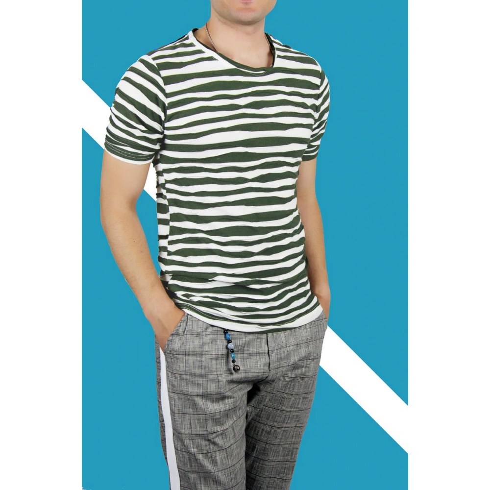 Erkek Haki/Beyaz Çizgili T-shirt