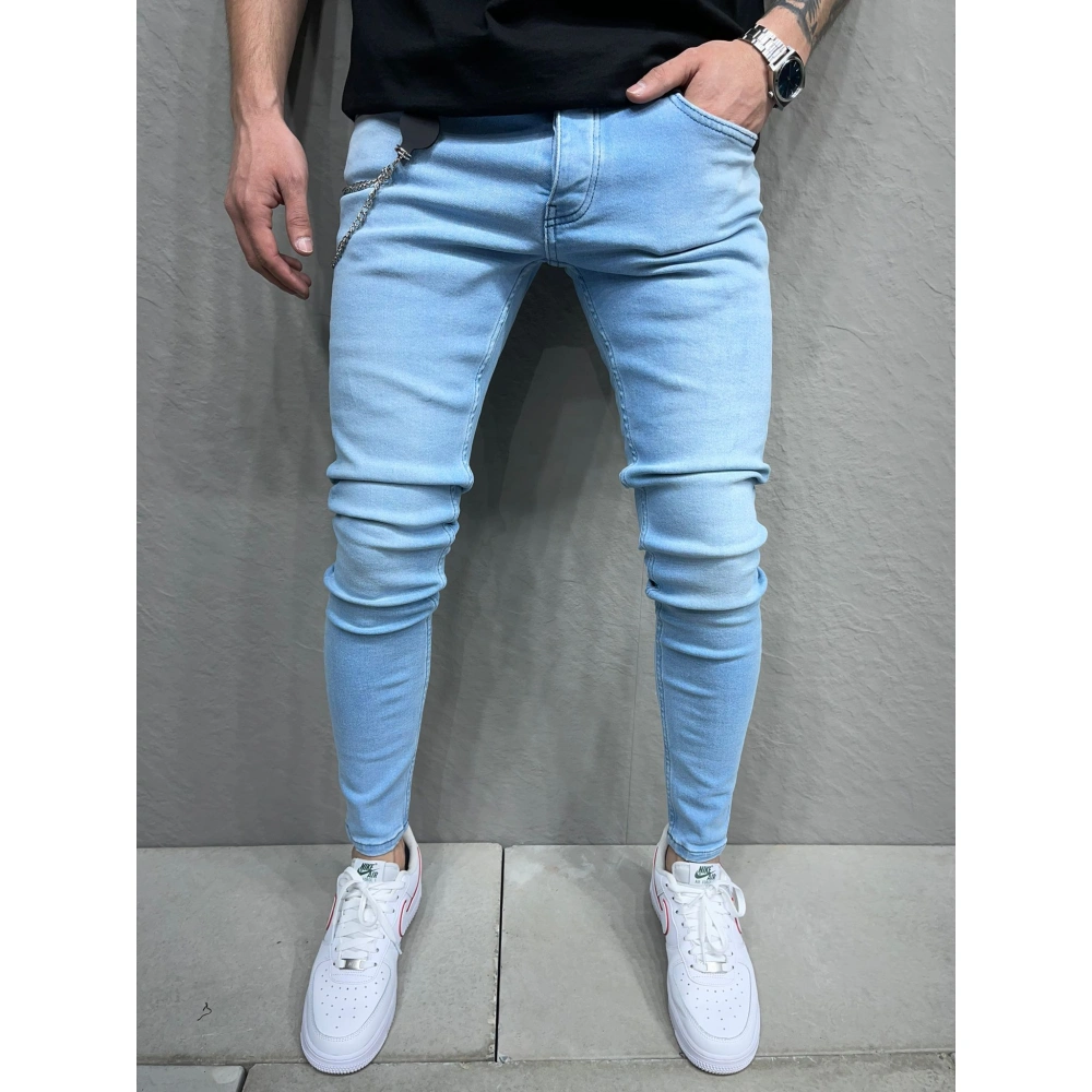 Erkek Açık Mavi Zincir Detaylı Pantolon