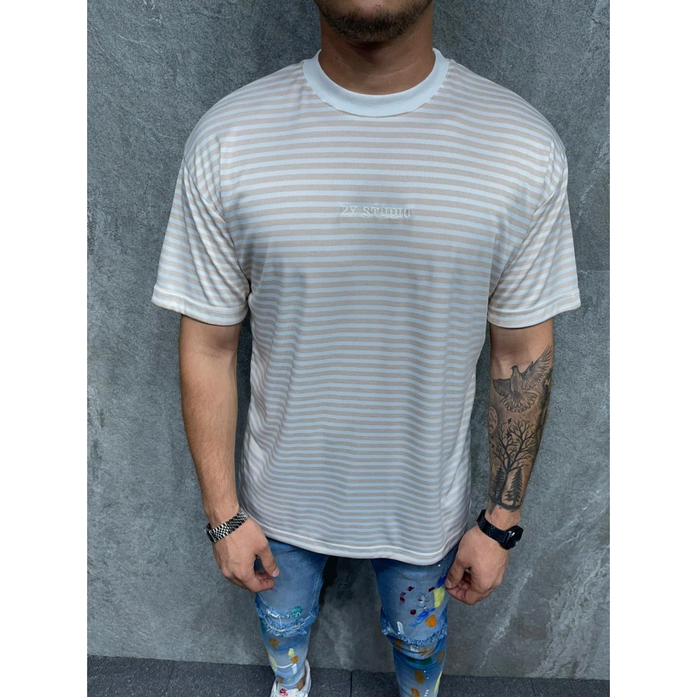 Erkek Beyaz Çizgili Bej Tshirt