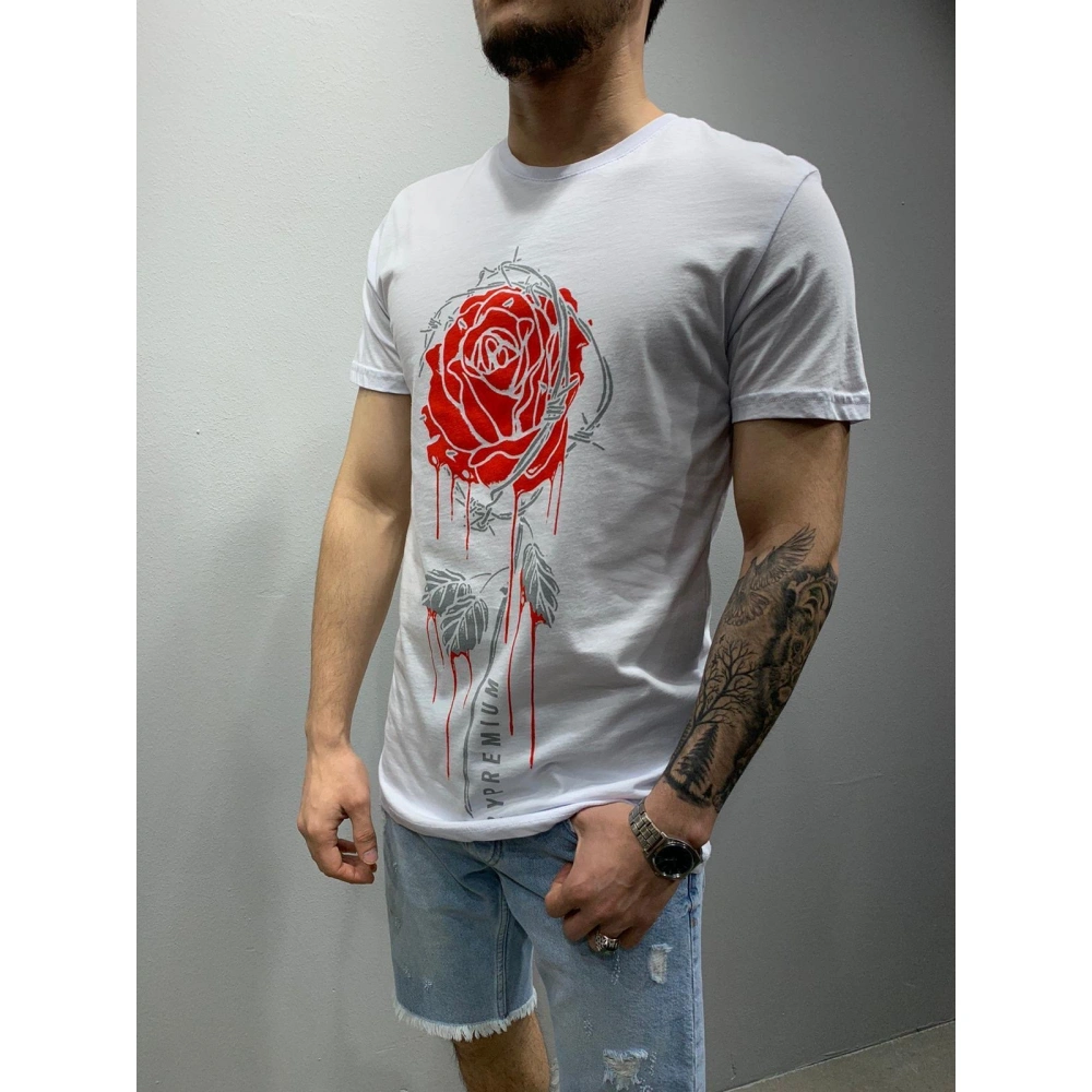 Erkek Beyaz Gül Baskılı T-shirt