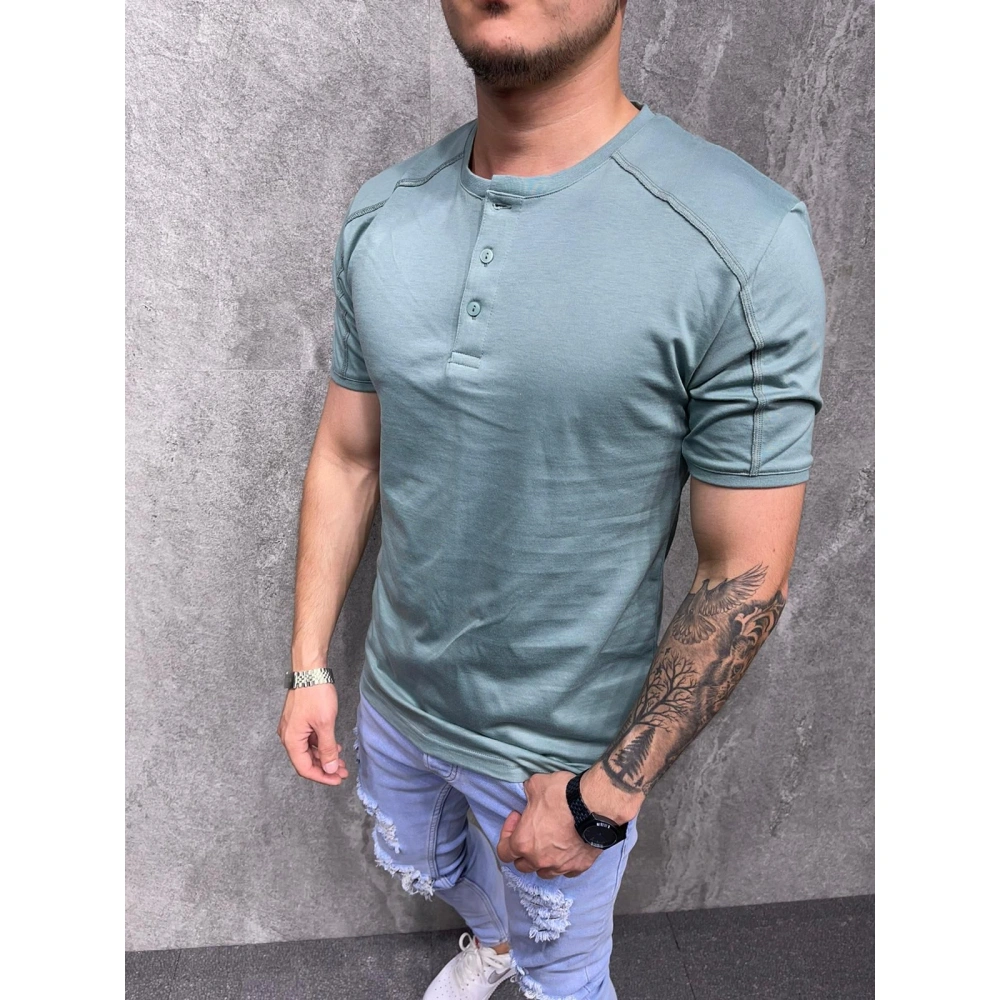 Erkek Düğmeli Yuvarlak Yaka Yeşil T-shirt