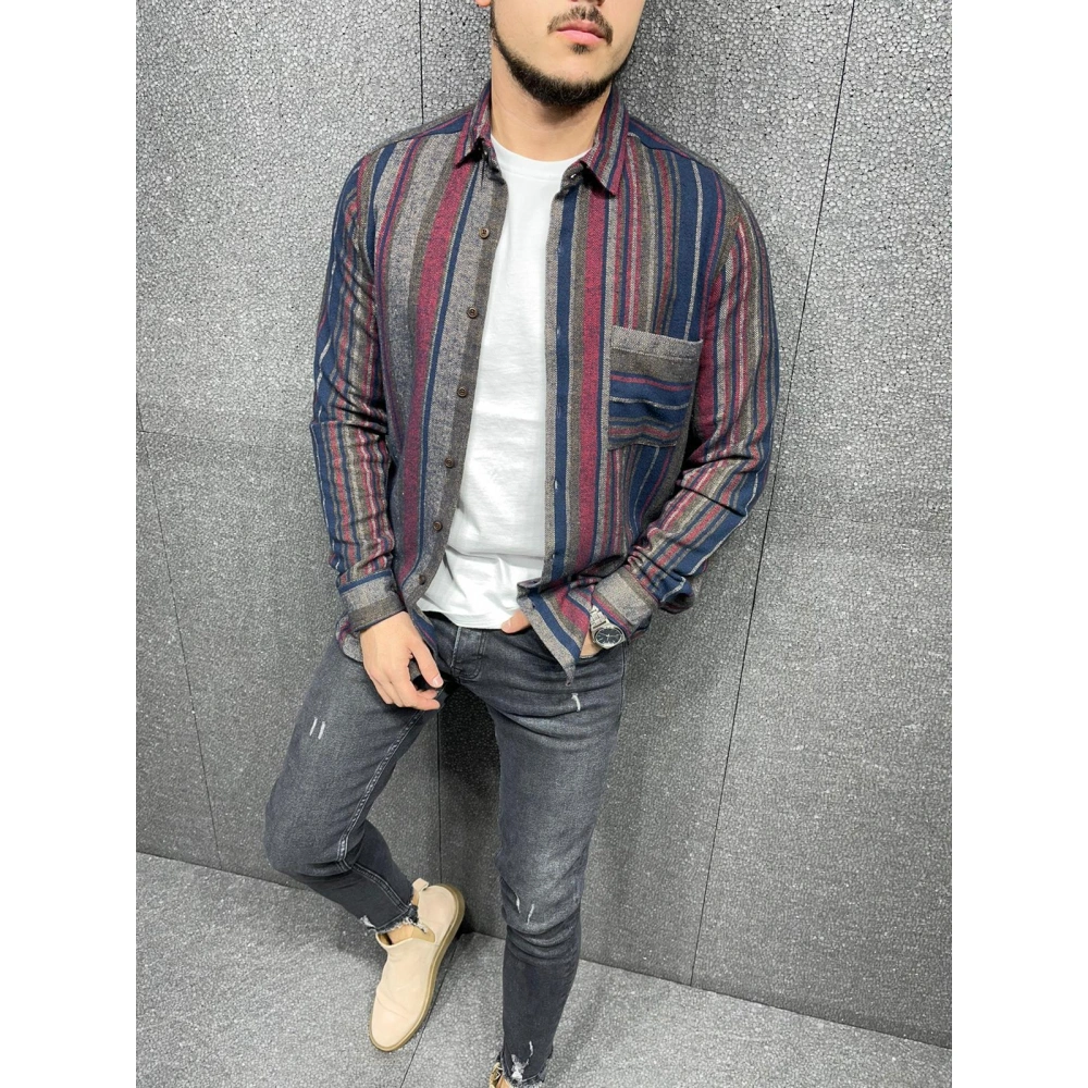 Erkek Gri-Bordo Çizgili Slim-Fit Gömlek