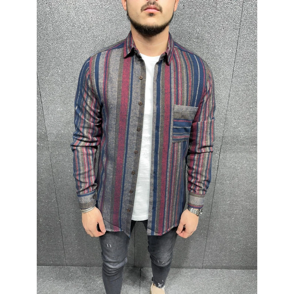 Erkek Gri-Bordo Çizgili Slim-Fit Gömlek