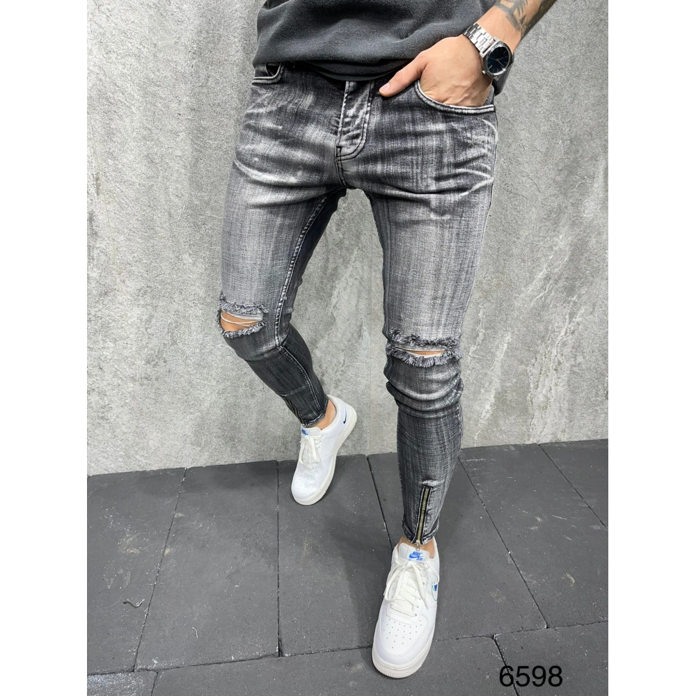 Erkek Koyu Gri Fermuar Detaylı Pantolon