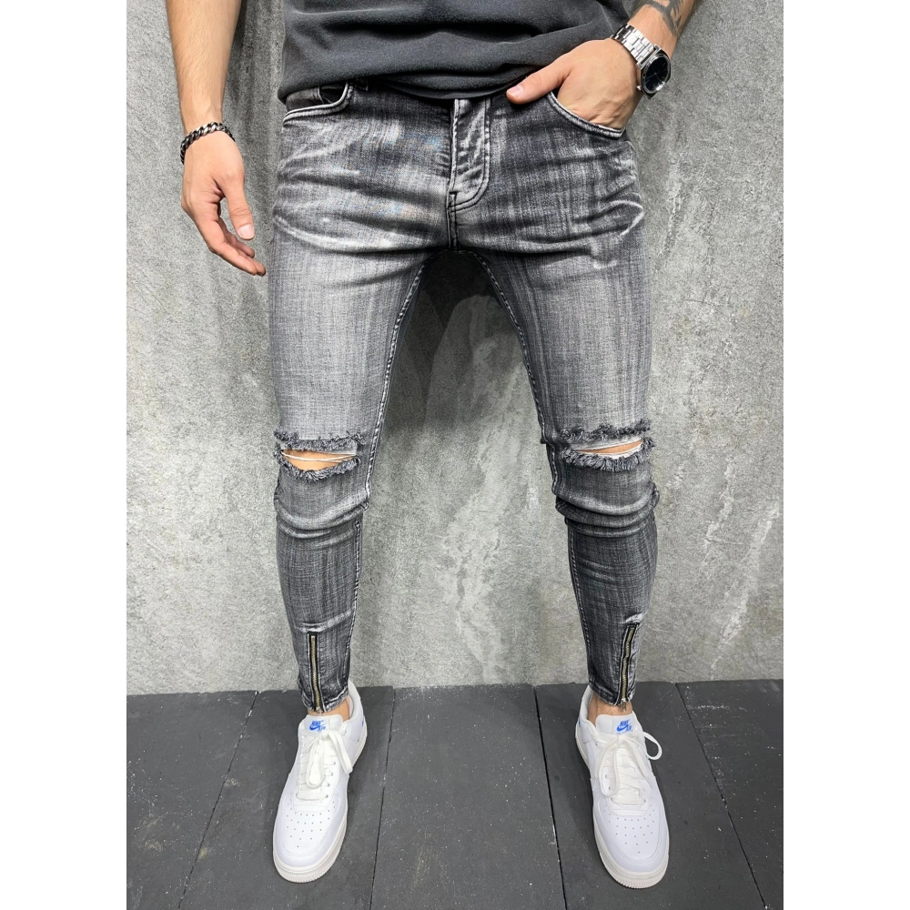 Erkek Koyu Gri Fermuar Detaylı Pantolon