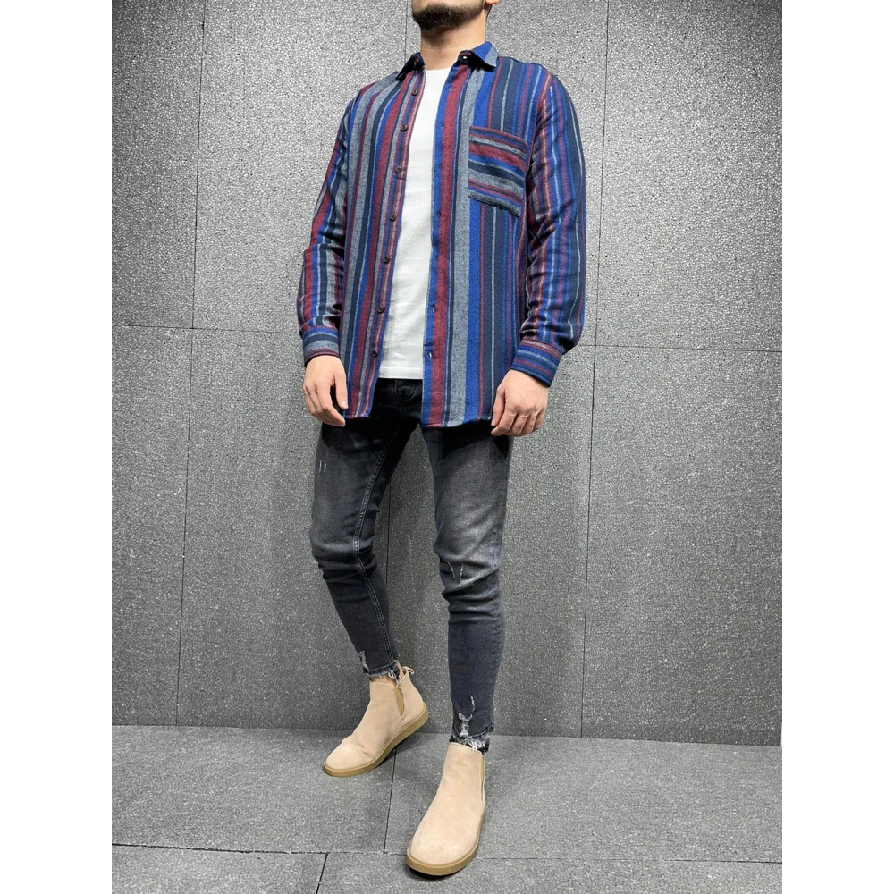 Erkek Mavi-Bordo Çizgili Slim-Fit Gömlek