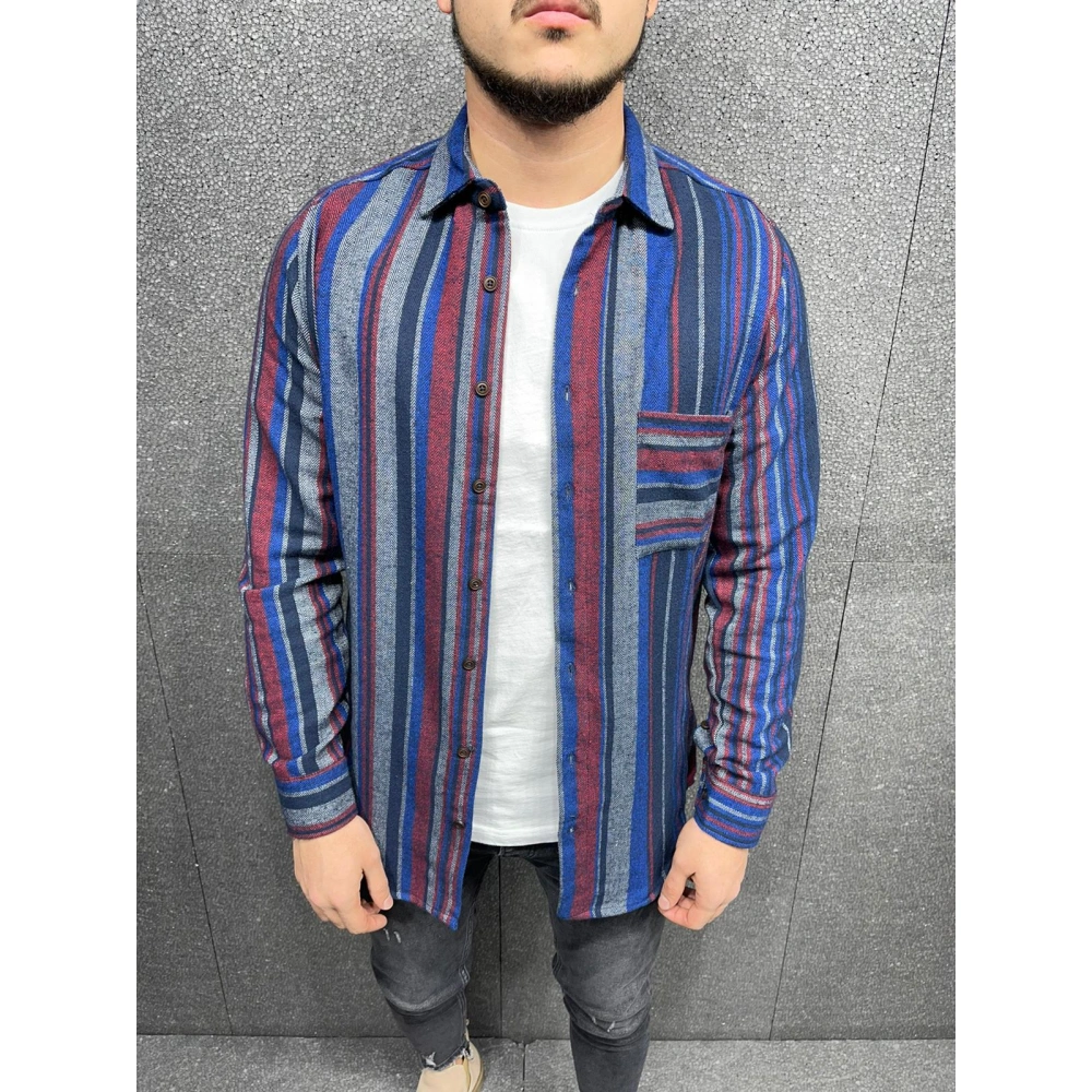 Erkek Mavi-Bordo Çizgili Slim-Fit Gömlek