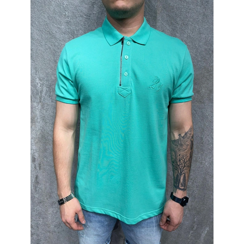 Erkek Polo Yaka Fermuar Detaylı Turkuaz T-shirt