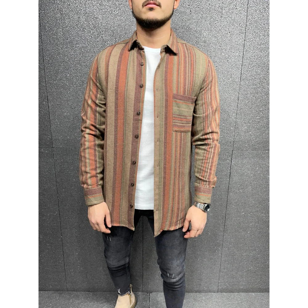 Erkek Taba Çizgili Slim-Fit Gömlek