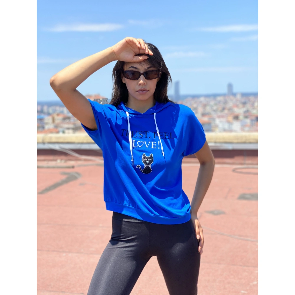 Jerry Mavi Kapşonlu Kadın Tshirt