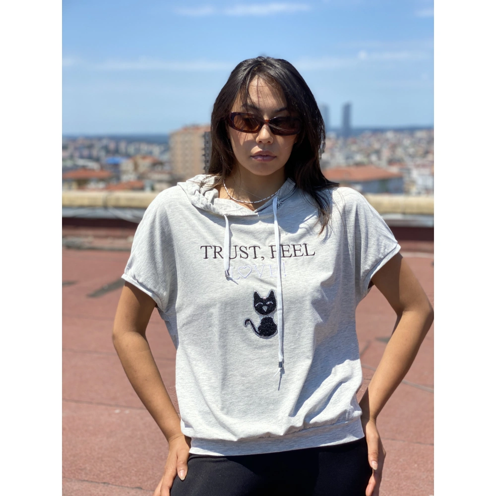 Joan Gri Kapşonlu Kadın Tshirt