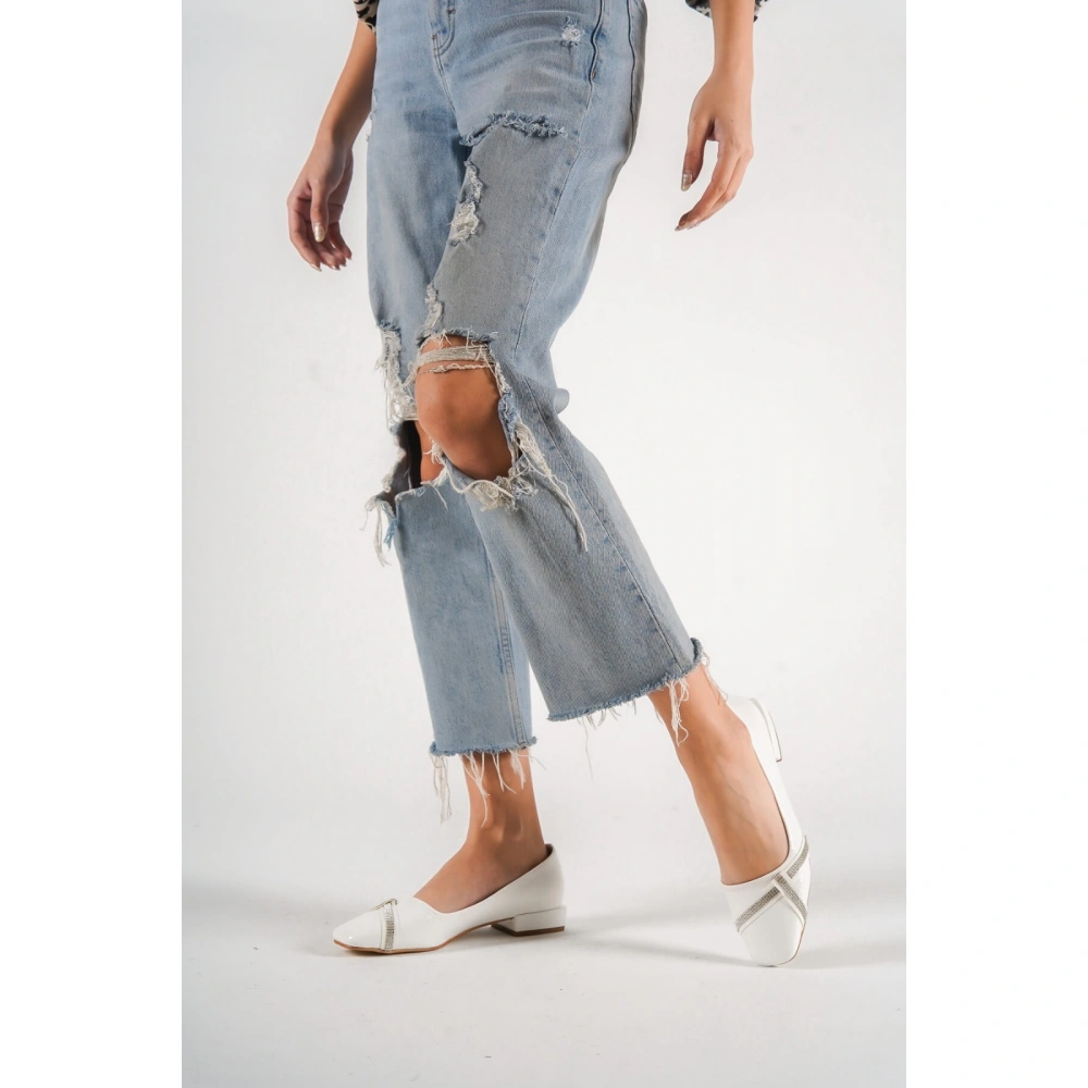 Kadın Beyaz Taşlı Babet