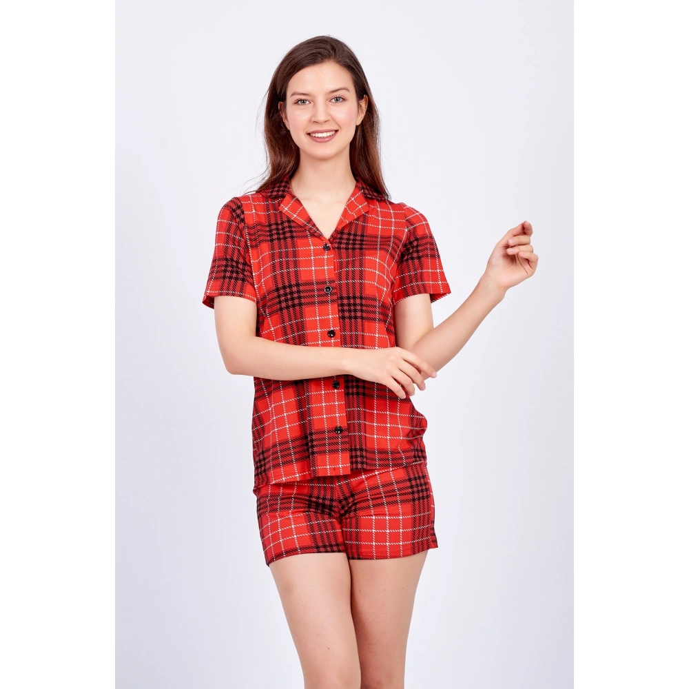 Kadın Kırmızı Ekose Şortlu Pijama Takımı