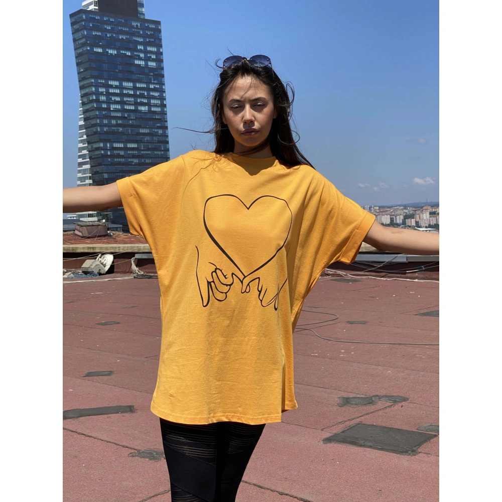 Kadın Sarı Kalp Baskılı T-shirt