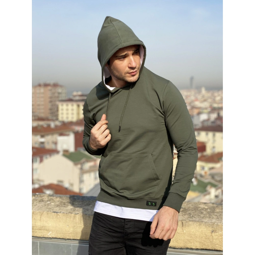 Mickey Erkek Haki Yeşil Kapşonlu Sweatshirt