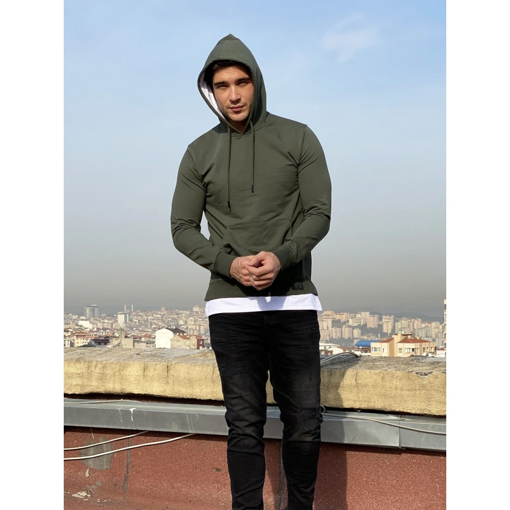 Mickey Erkek Haki Yeşil Kapşonlu Sweatshirt