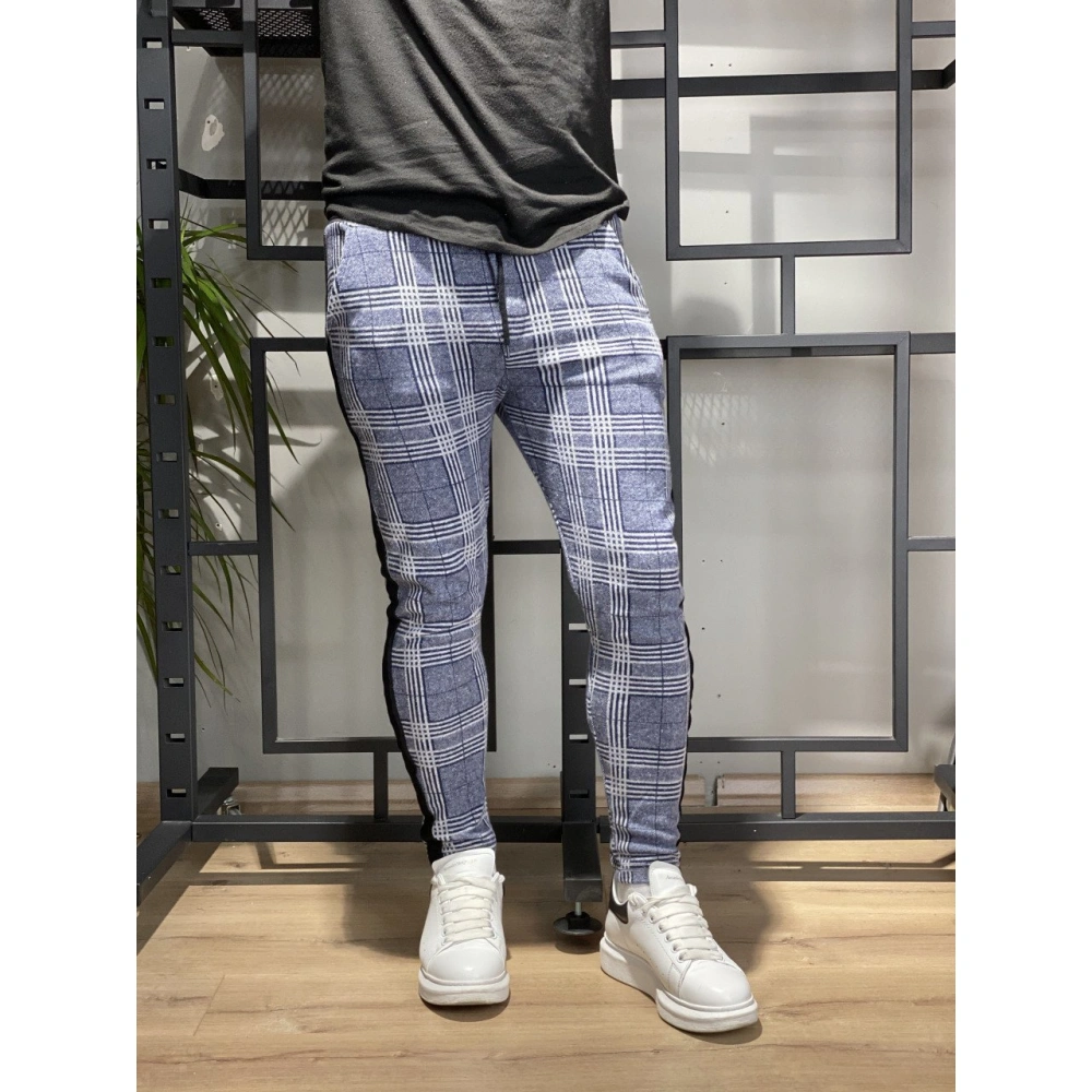 Shaun Erkek Mavi Jogger Kareli Pantolon