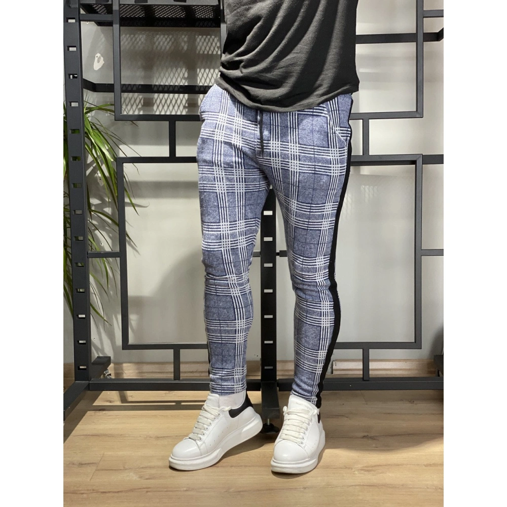 Shaun Erkek Mavi Jogger Kareli Pantolon