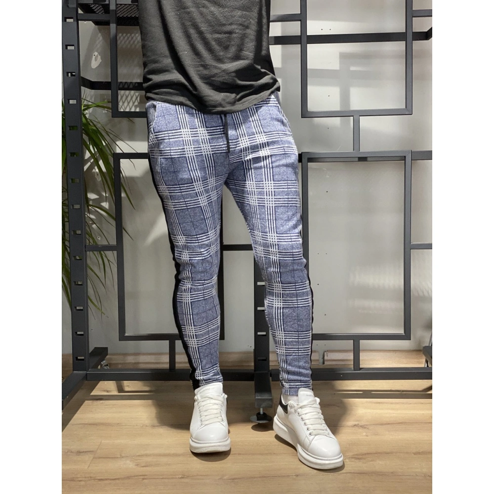 Shaun Erkek Mavi Jogger Kareli Pantolon