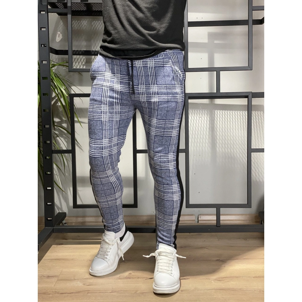 Shaun Erkek Mavi Jogger Kareli Pantolon