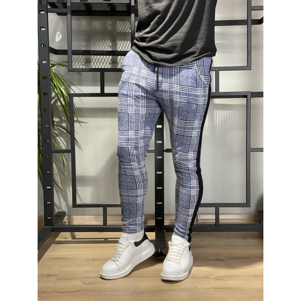 Shaun Erkek Mavi Jogger Kareli Pantolon