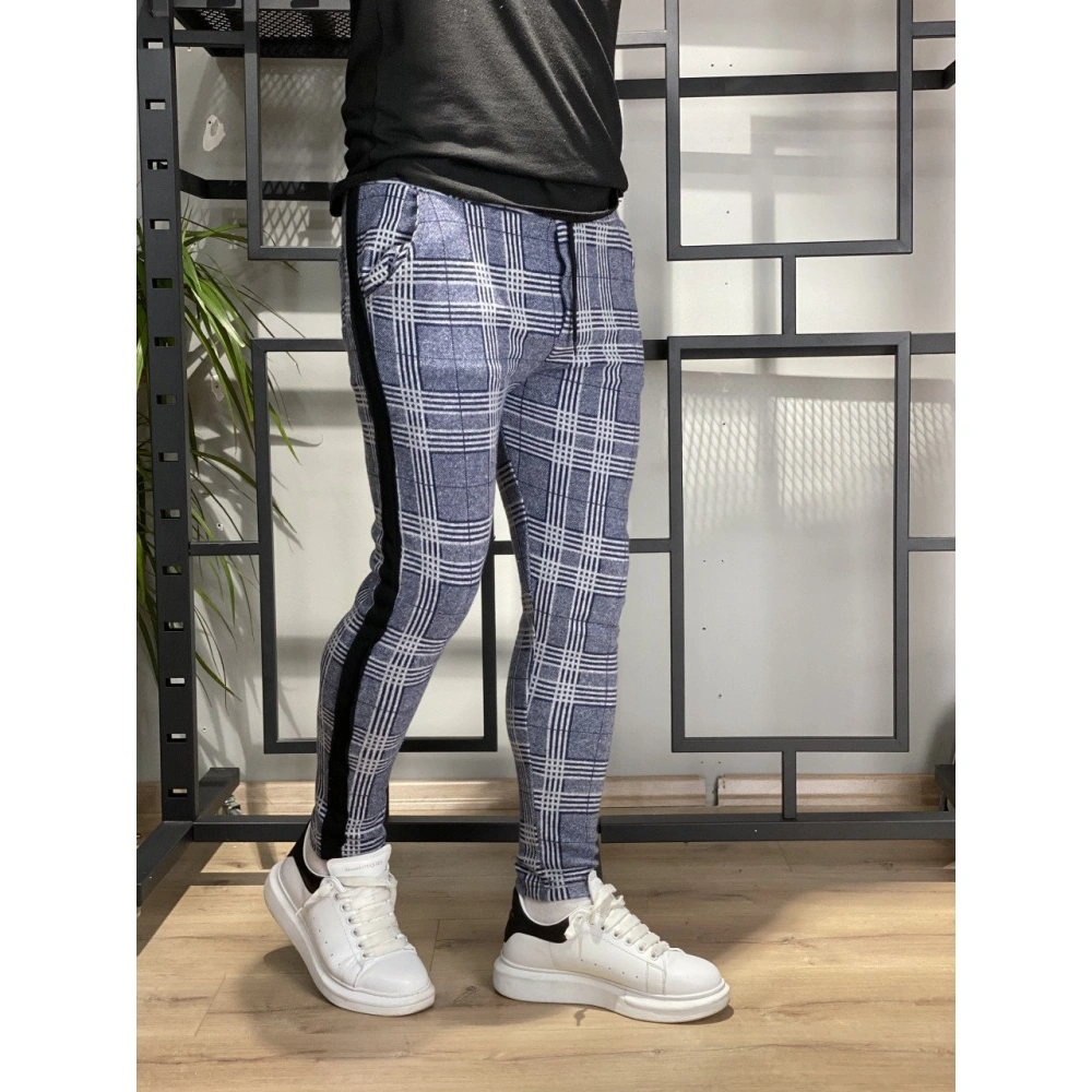 Shaun Erkek Mavi Jogger Kareli Pantolon