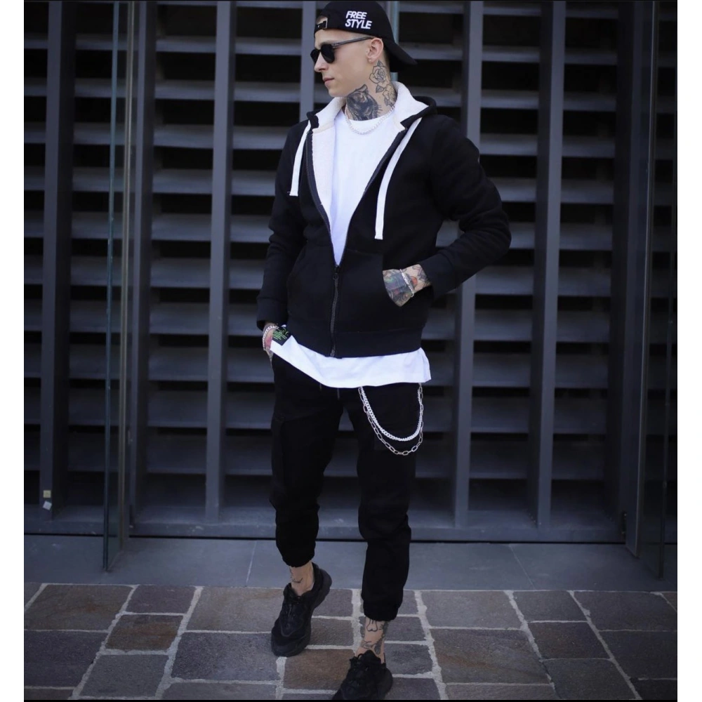 Siyah Kapüşonlu Polar Erkek