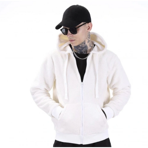 Beyaz Kapüşonlu Polar Erkek