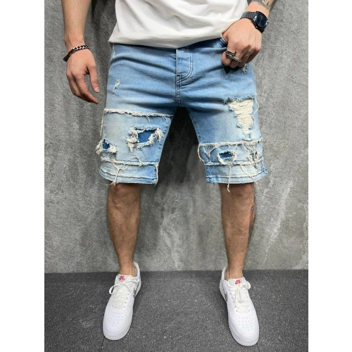 Erkek Açık Mavi Detaylı Kot Şort