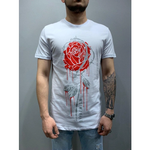 Erkek Beyaz Gül Baskılı T-shirt