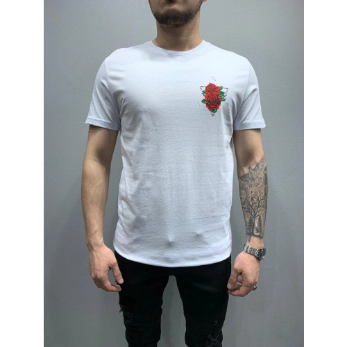 Erkek Beyaz Gül Baskılı T-shirt