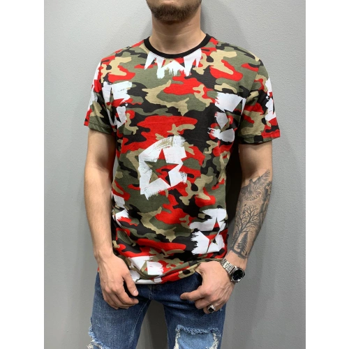 Erkek Beyaz Yıldızlı Kırmızılı Kamuflaj T-shirt