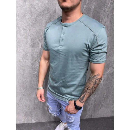 Erkek Düğmeli Yuvarlak Yaka Yeşil T-shirt