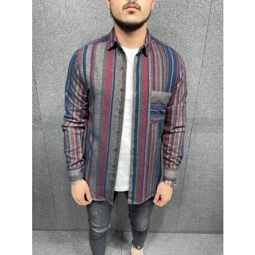 Erkek Gri-Bordo Çizgili Slim-Fit Gömlek