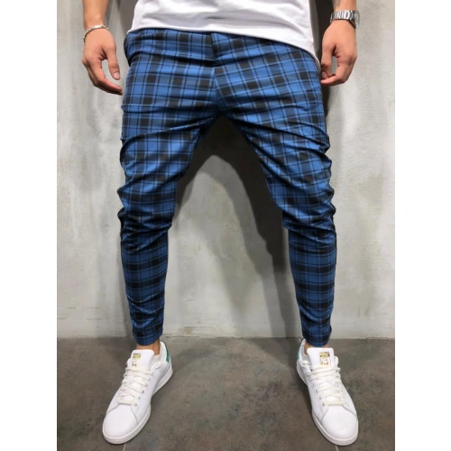 Erkek Mavi Ekose Jogger Pantolon