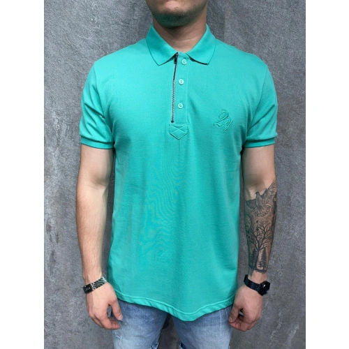 Erkek Polo Yaka Fermuar Detaylı Turkuaz T-shirt