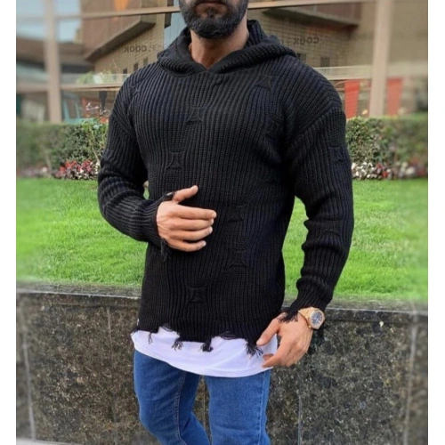 Erkek Siyah Kapşonlu Kazak