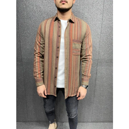 Erkek Taba Çizgili Slim-Fit Gömlek