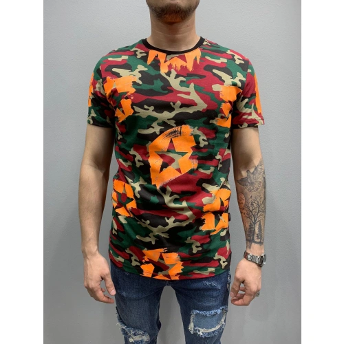 Erkek Turuncu Yıldızlı Kamuflaj T-shirt