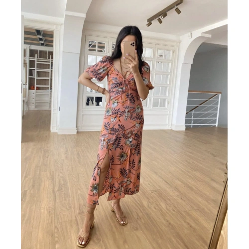 Kadın Çicek Desenli Yırtmaçlı Elbise