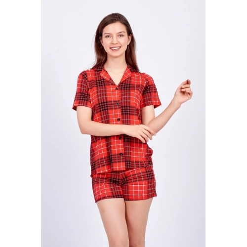 Kadın Kırmızı Ekose Şortlu Pijama Takımı