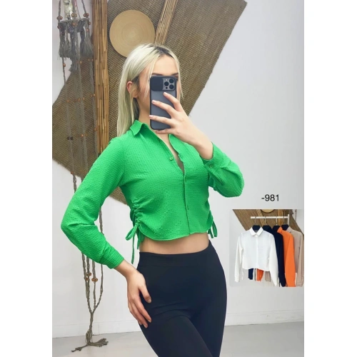 Kadın Yanları Büzgülü Yeşil Gömlek